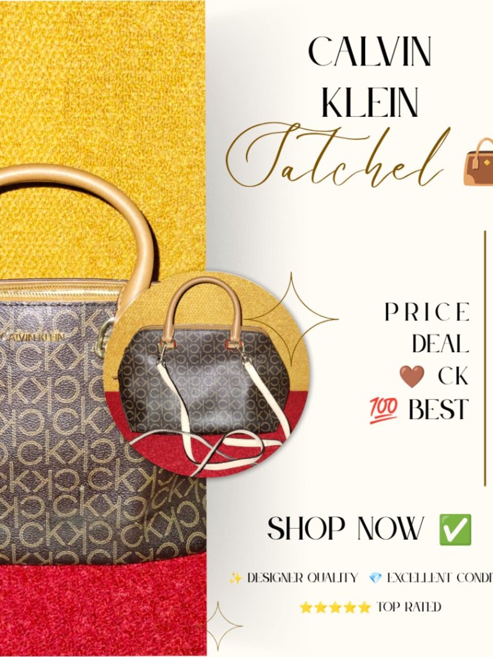 Calvin Klein Purse Monogram Canvas with Tan Leather Handles
